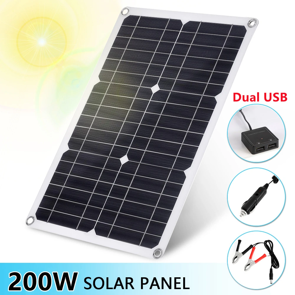 200W Solar Panel Kit 18V Solar Plate Dual USB Port Solar Cells Power Bank for Phone MP3 RV Car Camping Outdoor Emergency Power