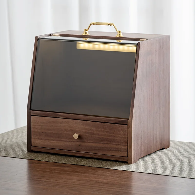 北米産ブラックウォールナット製ティーセット棚、ジュエリー・化粧品収納ボックス、透明防塵無垢材デスクトップ整理ボックス