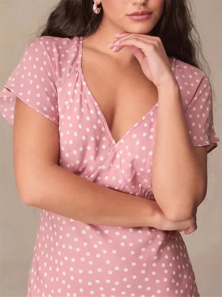 

Short Sleeve Ladies Back Lace-Up Robes Women Pink Polka Dot Irregular Ruffle Hem Dress 2024 Summer New Vacation Style