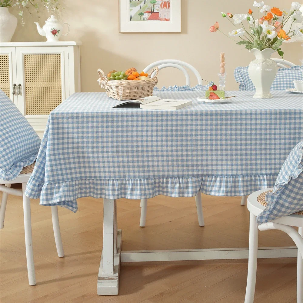 French Pastoral Blue Pliaid Tablecloth Solid-Color Woven Cotton Contrasting Color Ruffled Edge Tablecloths Decoration Table