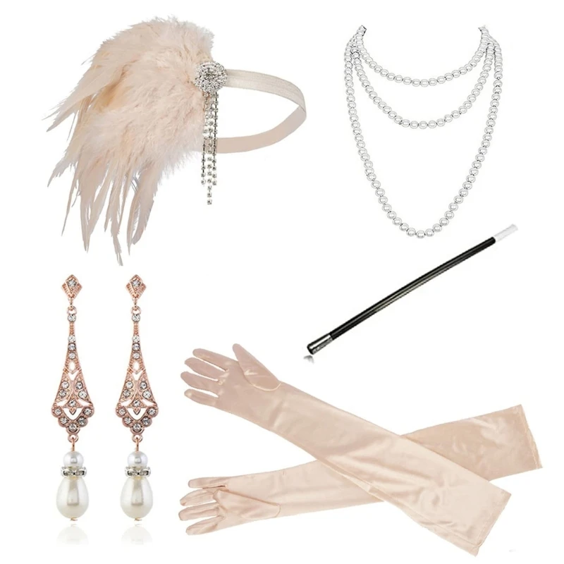 Nieuwe stijl jaren 1920 Flapper-accessoireset met veren hoofdband, handschoenen, ketting, oorbellen