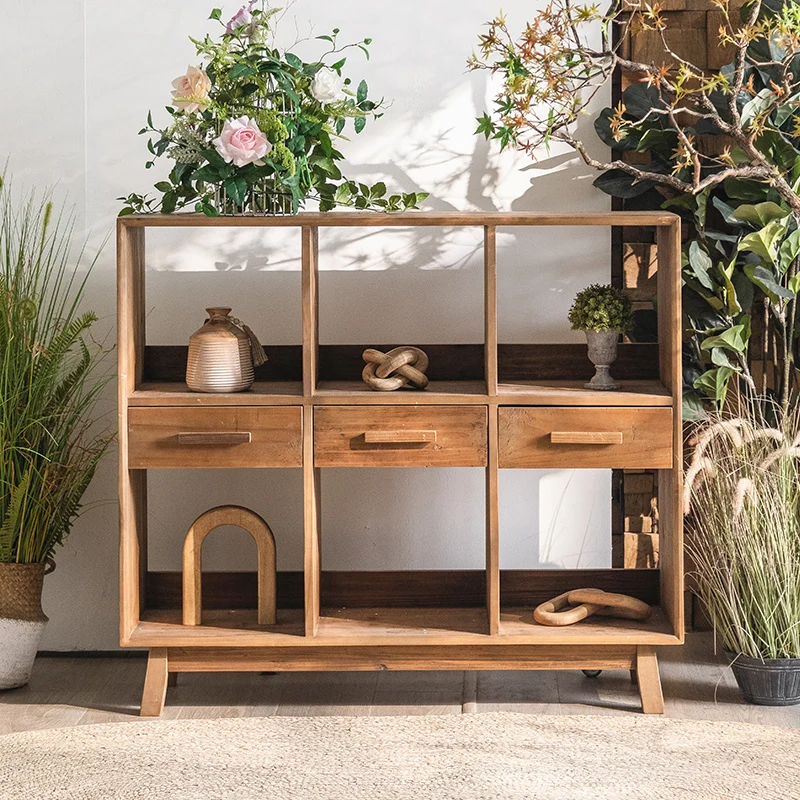 American retro home entrance cabinet solid wood, lattice cabinet, living room against the wall wabi-sabi wind tea cabinet rack