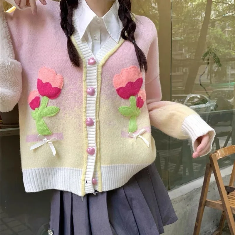 

2024 Women's Autumn and Winter New Loose and Idle Color Matching Three-Dimensional Flower Bow Tie Knitted Cardigan