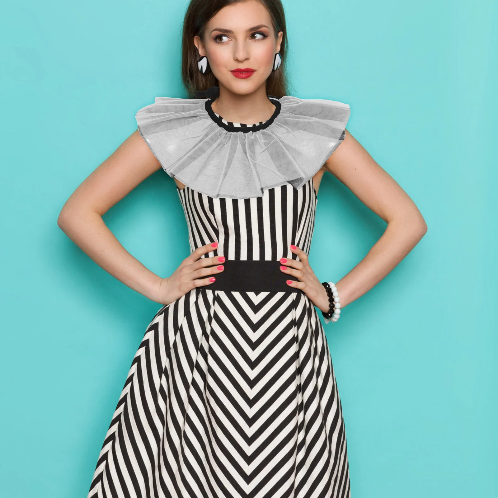 انفصال طوق أسود أبيض التباين الطبقات شبكة نفخة الرقبة كشكش ل تأثيري حلي مهرجان الأزياء التبعي #3