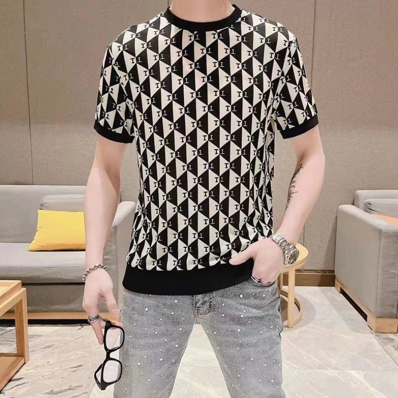 Summer T Shirt Men Short Sleeve Casual Social Tees Mesh Hollow Ice Silk Breathable Round Neck T-shirt Streetwear Men Clothing