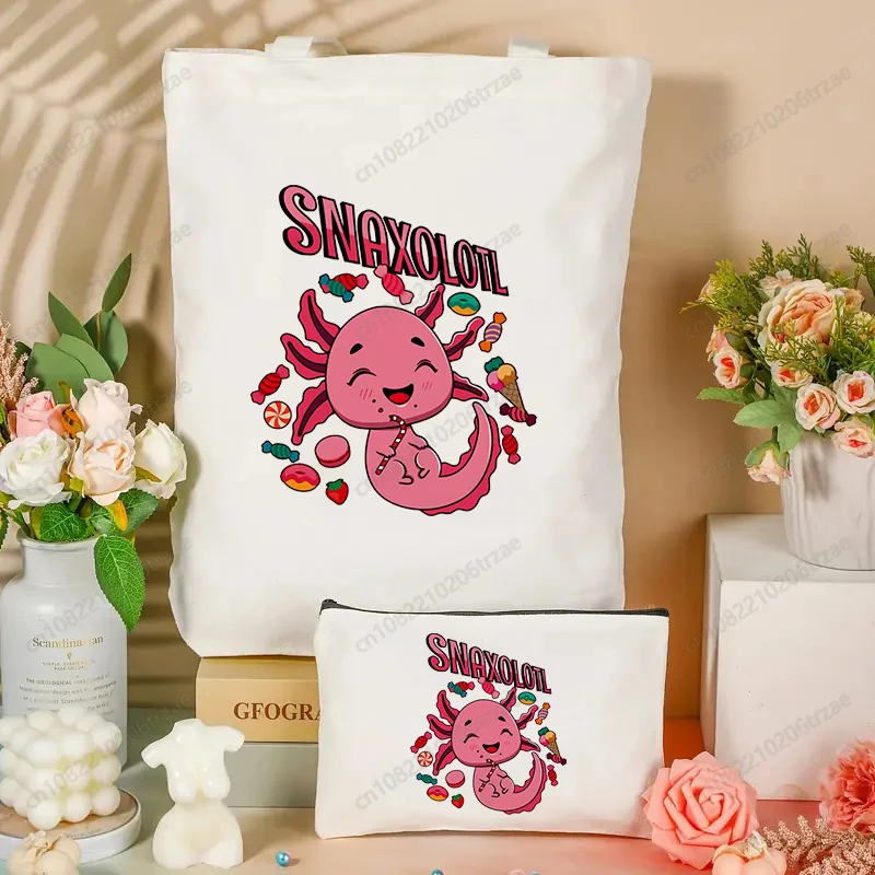 

Axolotl Cute Funny Printed Makeup Bag Canvas Shoulder Bag Set Female Harajuku Funny Large-capacity Eco Environmental Shopper Bag