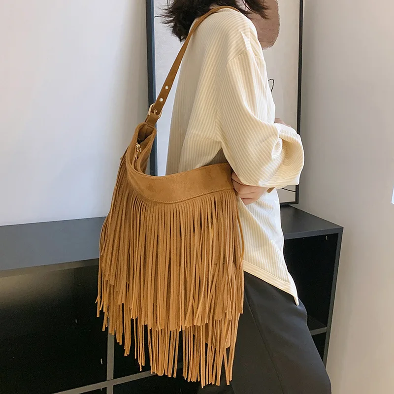 Sac à bandoulière en daim et cuir PU pour femmes, sac à bandoulière à franges, grande capacité, sac à main de voyage pour femmes