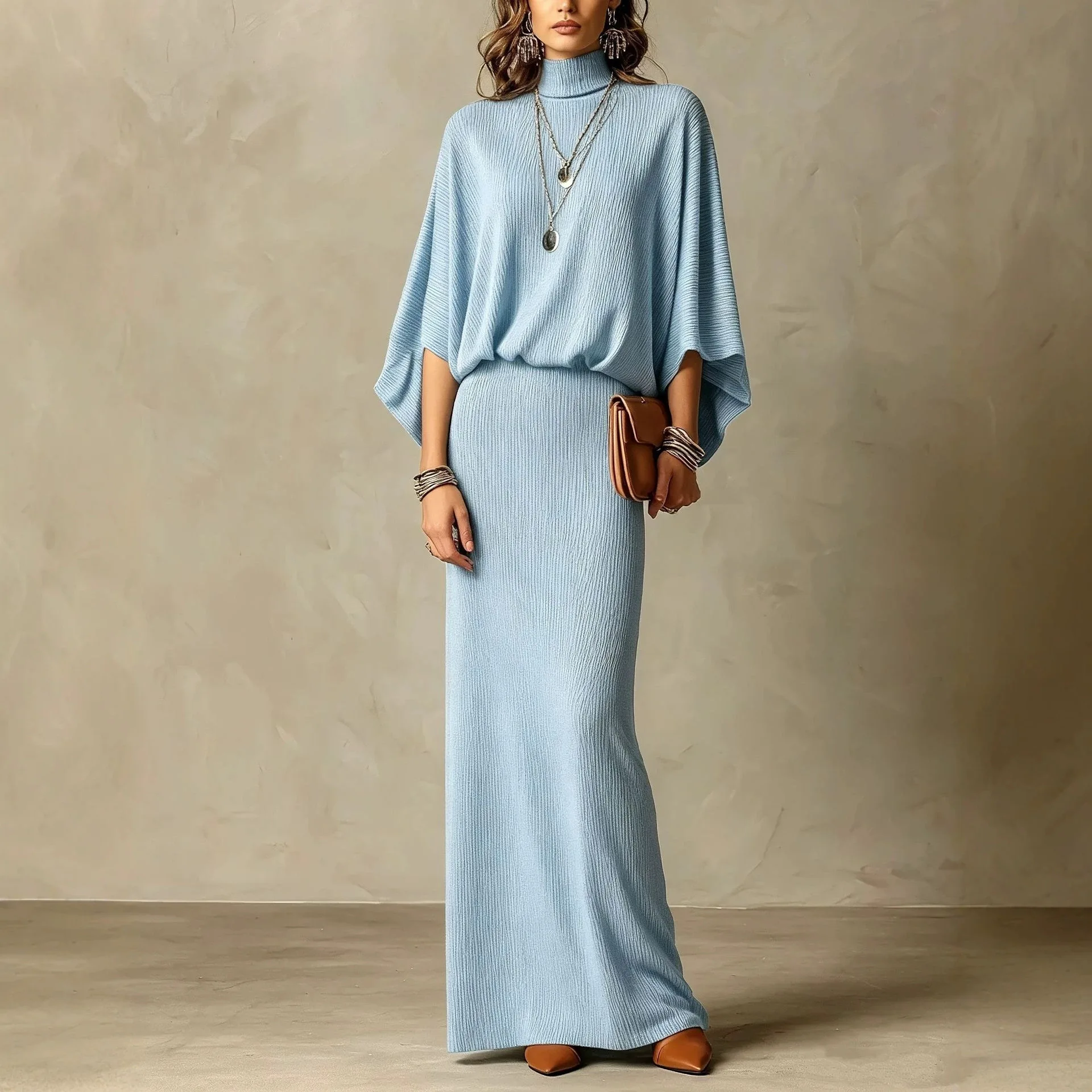 Women's Knitted Two Piece Hoodie With Bat Sleeve Loose Top High Waist Ultra Long Skirt Set Texture Bohemian Casual Set New 2026