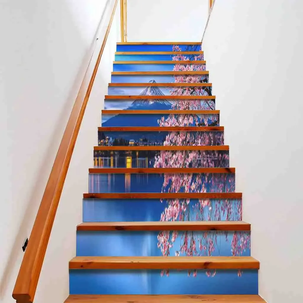 Natural Landscape Stair Stickers Mount Fuji Cherry Blossoms Staircase Murals Beautiful Scenery Stair Risers Decals Home Decor