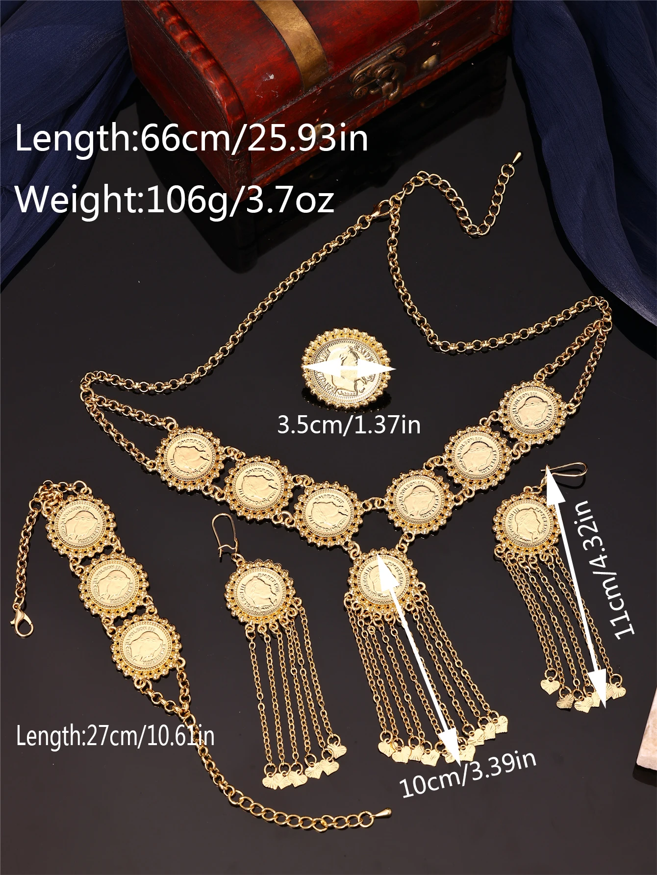 1 Set of Vintage Elegant Women's Necklace, Earrings, Bracelet, and Ring Jewelry Set, with Flower-Shaped Engraved Napoleon Portrait and Heart-Shaped Tassel Pendant, Suitable for Women to Wear at Weddings, Banquets, and