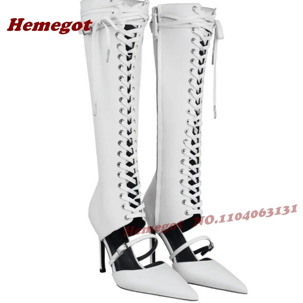 Pink Cut Out Cross Tied Sandal Boots Pointy Toe Lace-Up Buckled Stiletto Heels Gladiator Sandals for Women Patchwork Sexy Shoe