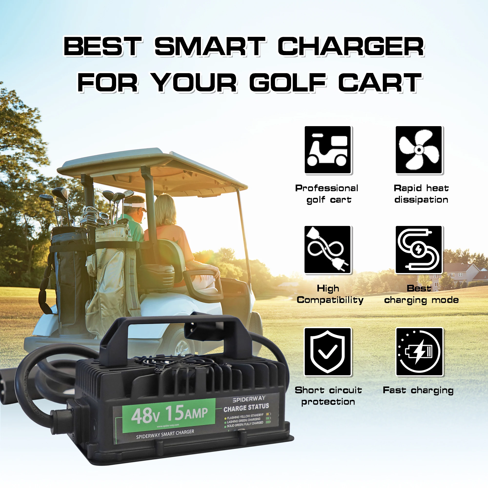 

15 AMP 48 Volt Golf Cart Charger for Club Car with 3-Pin Round Plug Fast Charge Lead Acid Battery IP67 Waterproof