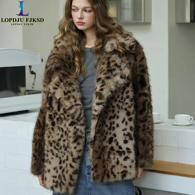 Faux Fur Coat for Women,Covered Button Jacket,Turn-down Collar Outwear,Leopard Print,Autumn and Winter,New,2026