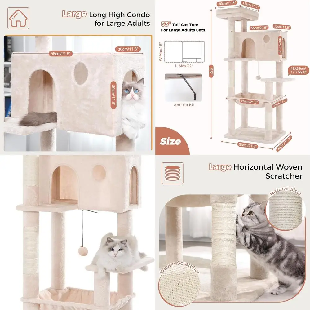 

Большое бежевое кошачье дерево 54 с гамаком XL, когтеточками, верхней кроватью, дом для кондоминирования и мяч для обнаружения домашних кошек