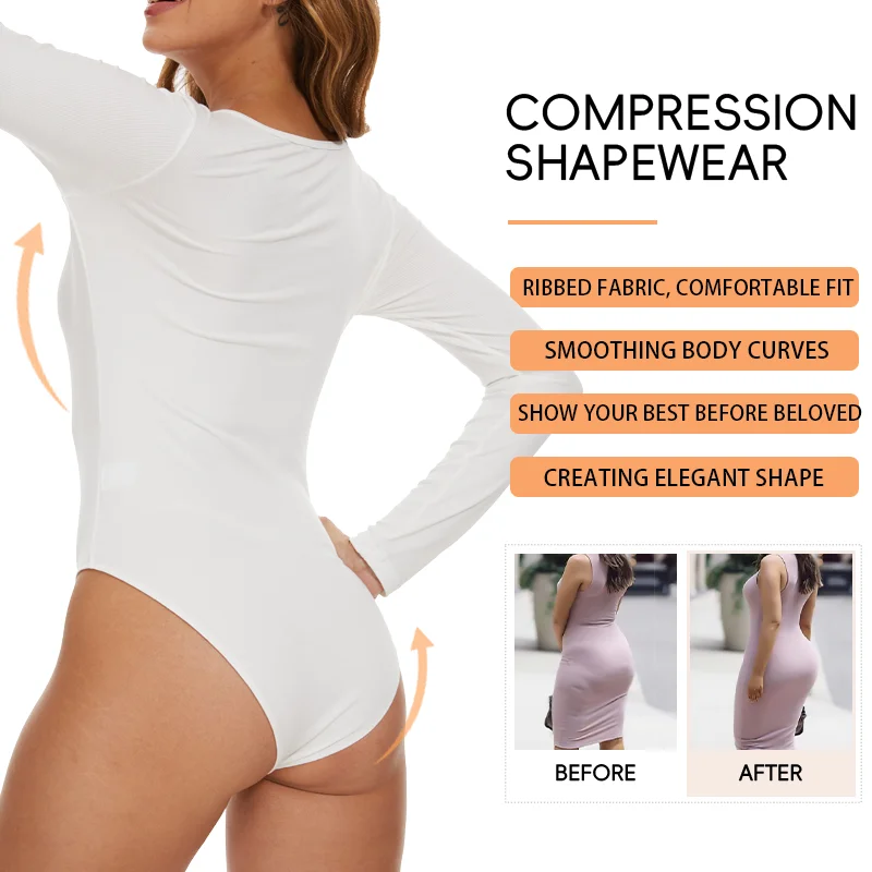 Women Round Neck Body Shaper Long Sleeve Shapewear Sexy Ribbed Bodysuit Front Button Compression Fitness Tummy Control Outfit 3 Women Round Neck Body Shaper Long Sleeve Shapewear Sexy Ribbed Bodysuit Front Button Compression Fitness Tummy Control Outfit 3