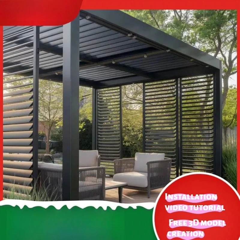 Aluminum Pergola Modern Outdoor Louver Roof Gazebo Waterproof Sunshade Pavilion for Garden Patio Backyard Terrace Pergola System