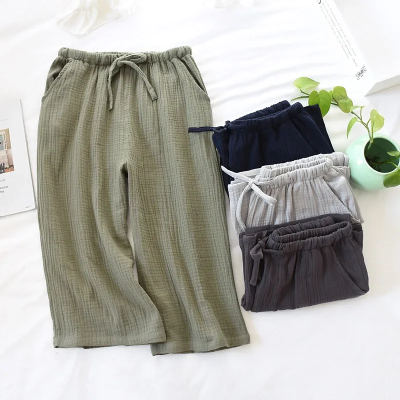 Summer Mens Sleeping Pants 100% Cotton Crepe Sleep Bottoms Solid Cropped Pants Elastic Band Sleep Shorts Loose Home Lounge Wear