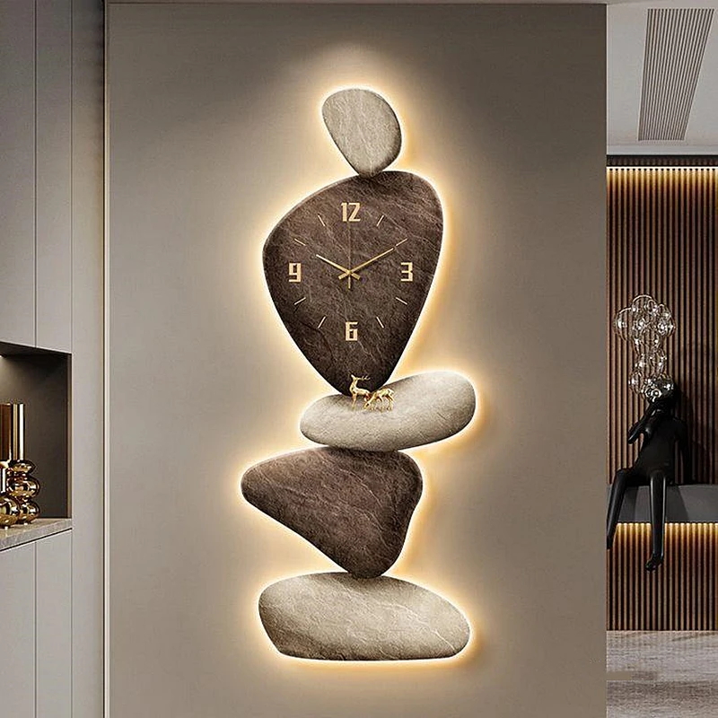 Entrance LED wall light with stone base that operates with a clock and emits light. Modern entrance wall art light.