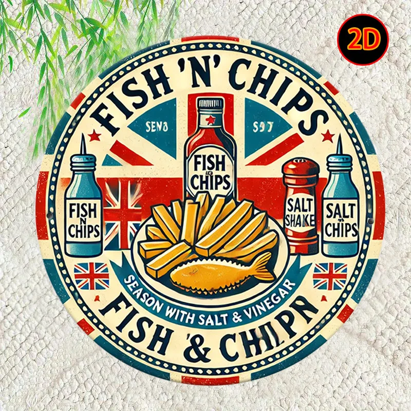 2D Flat, 1pc Vintage Aluminum Fish 'N' Chips Round Wall Sign - Retro British Pub Decor with Union Jack & Seasonal Condiments Art