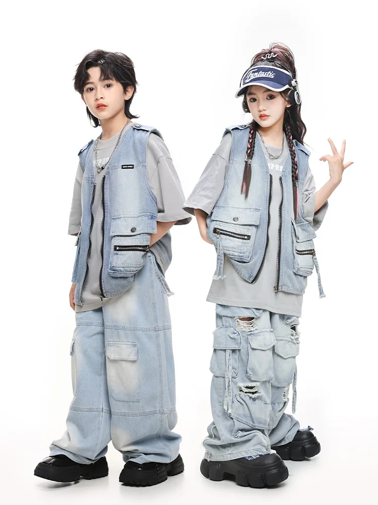 Hip hop meninos camiseta retro denim colete rasgado jeans meninas streetwear calças de carga crianças roupas de dança rua crianças traje palco