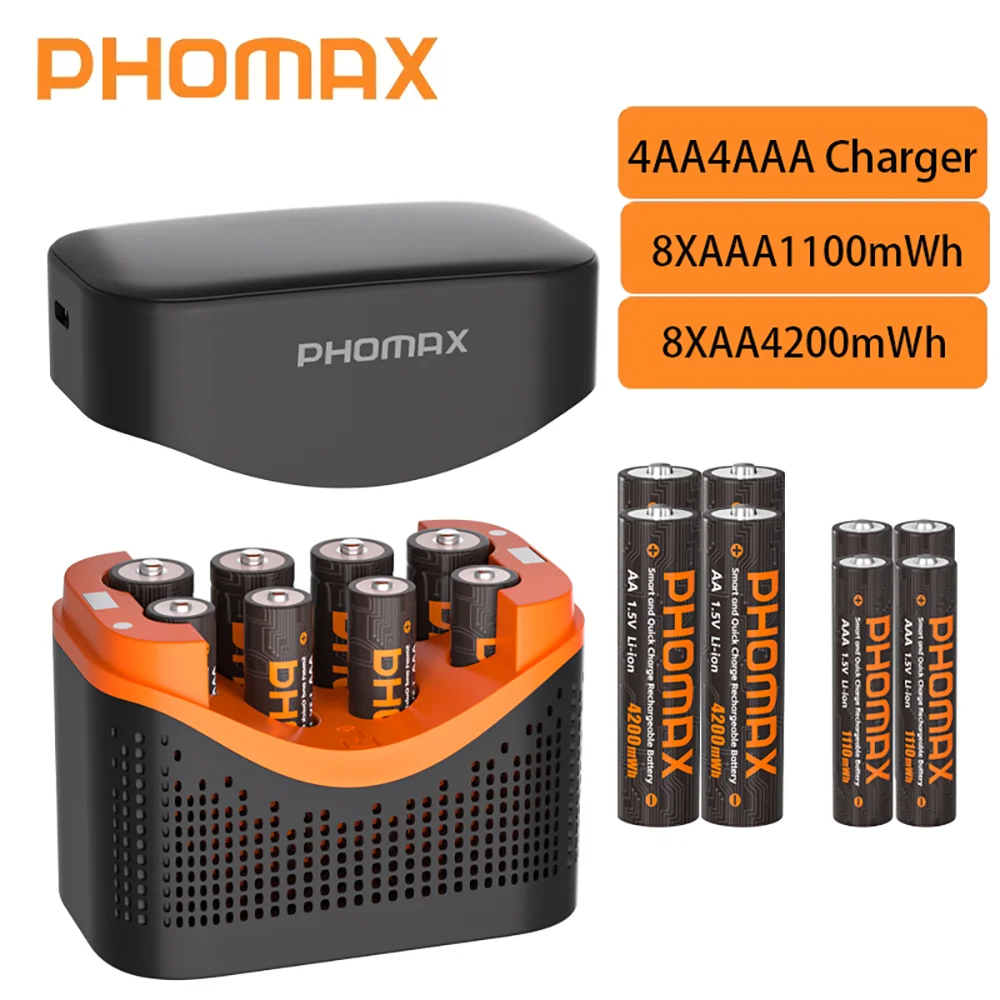 Akumulatory litowe PHOMAX AA 4200mWh/AAA 1100mWh z ładowarką 8-gniazdową, wysoka pojemność, 1.5V, do myszy i pilotów — zdjęcie produktu 6