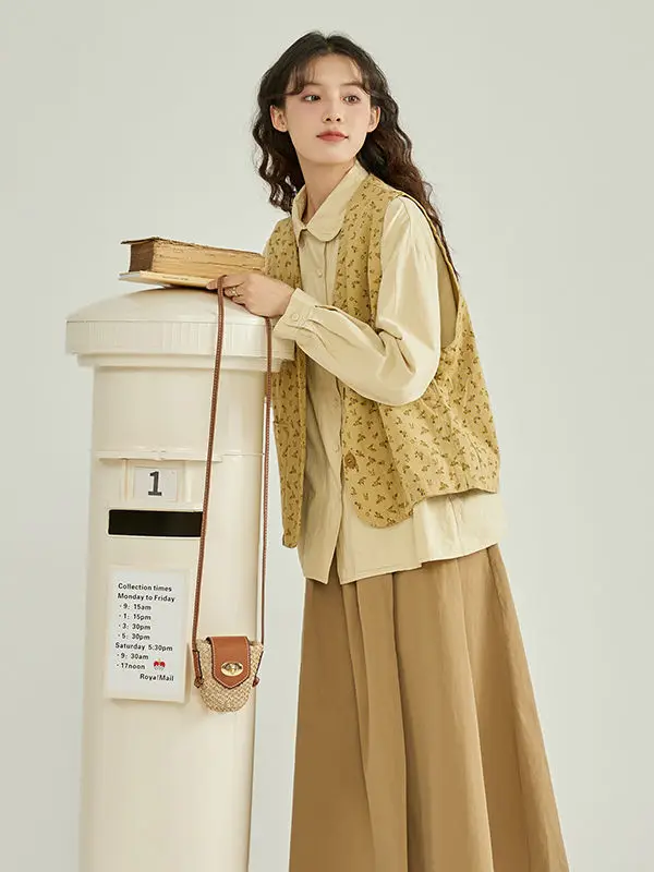 Korea 3-piece Retro Shirt Vest Skirt College Style Casual Versatile Slimming Girly Style Solid Color Fashion Simple Commuting