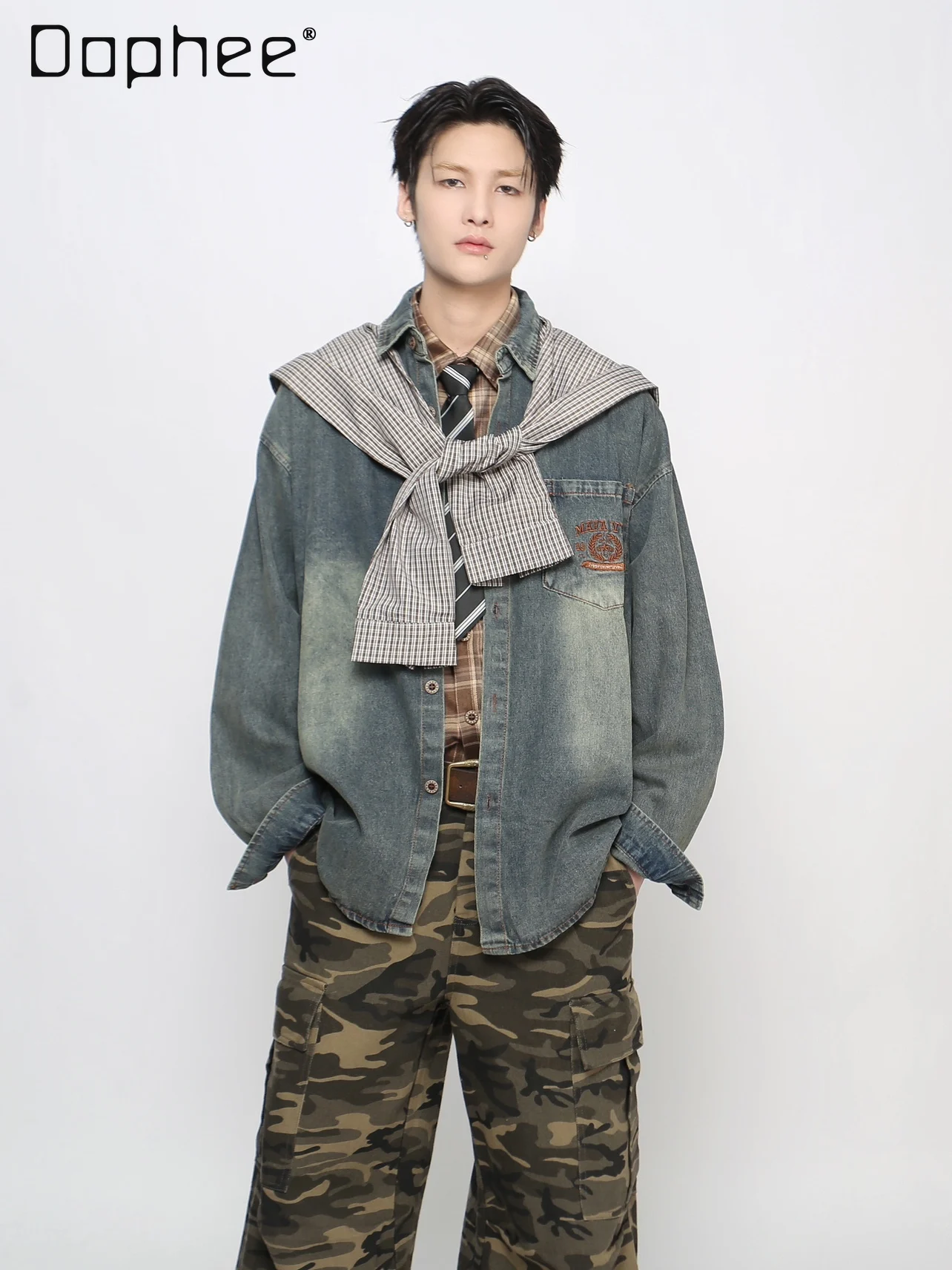 

2025 Spring and Autumn New American Retro Men's Embroidered Vintage Plaid Shawl Loose Casual Daily Blue Denim Shirt