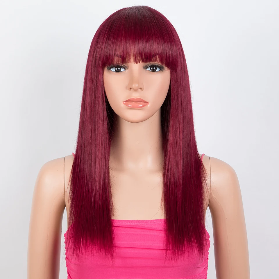 

Brazilian Straight Human Hair Wigs With Bangs Burgundy 99J Wear To Go 100% Remy Human Hair Wigs Full Machine Wig For Women