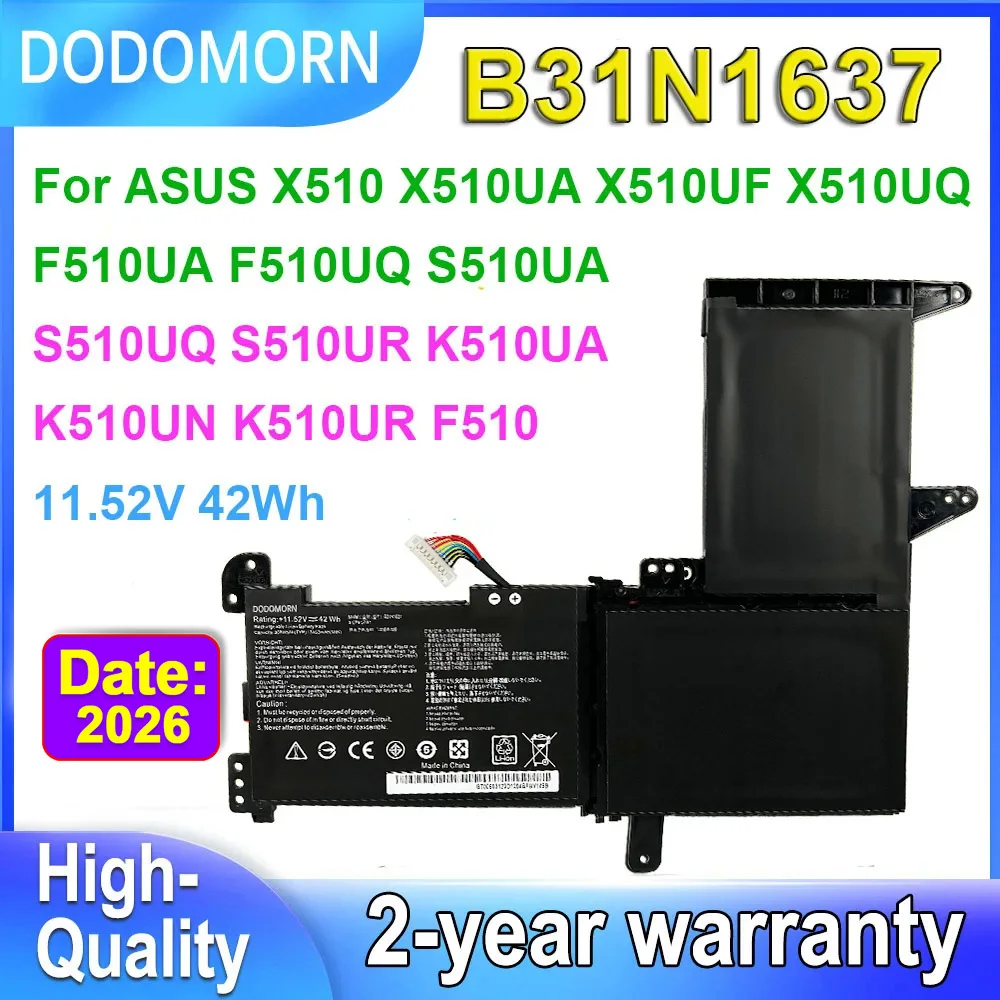 Batería para portátil DODOMORN B31N1637 para ASUS X510 X510UA X510UF X510UQ F510 F510UA F510UQ S510UA S510UQ S510UR C31N1637, 11.52V 42Wh