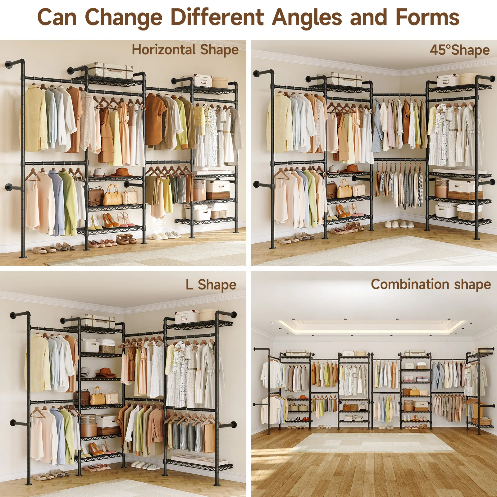 L4 Wall Mounted Industrial Pipe  Clothes Rack, Closet Organizer System with Rods Expandable, Clothing Rack, Corner Garment Rack