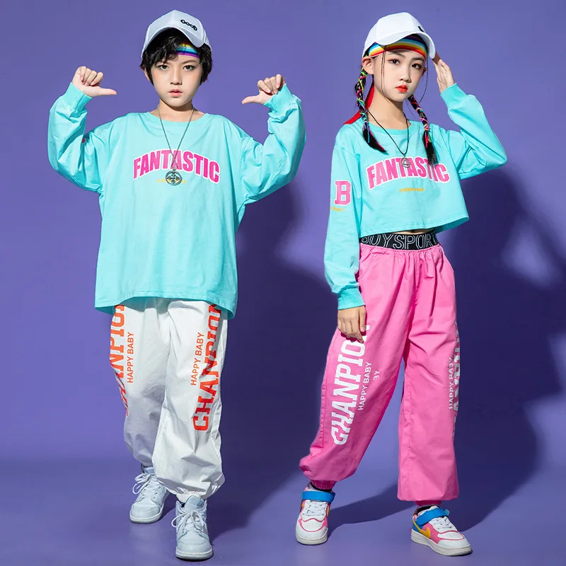 

Kid Hip Hop Clothing Blue letter Crop Sweatshirt Top Pink White Casual Jogger Pants for Girl Boy Jazz Dance Wear Costume Clothes