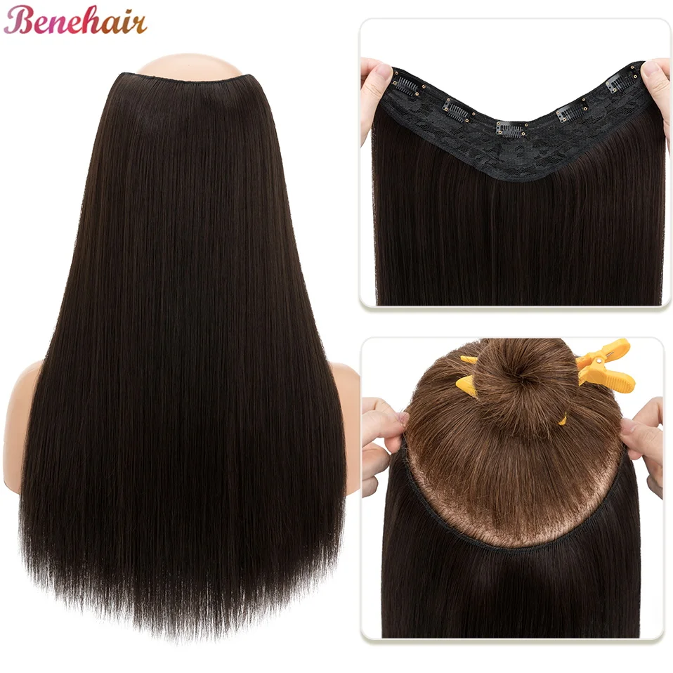 Benehair V자형 스트레이트 합성 헤어, 원피스 클립 인 헤어 익스텐션, 클립 포함 헤어피스 풀 헤드, 18 인치, 160g 