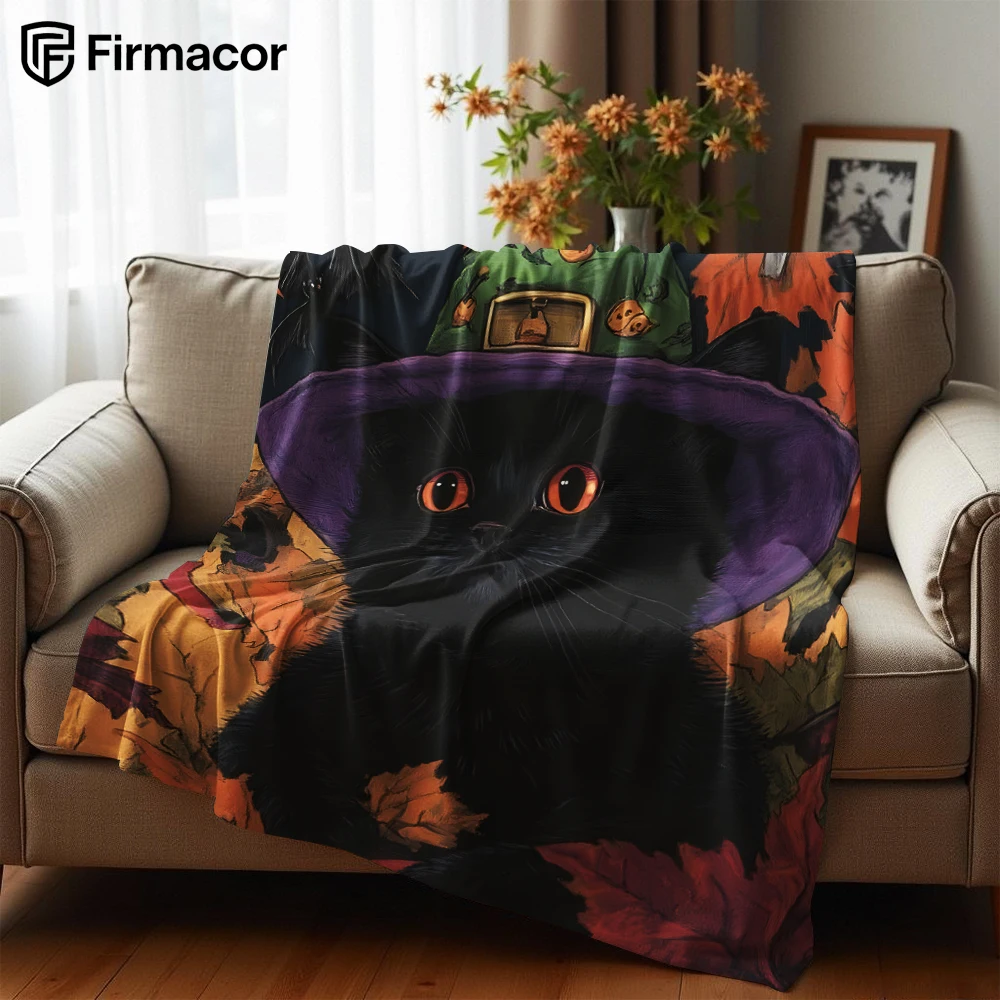 Autumn Wizard Black Cat Soft Flannel Blanket Breathable Warm Throw for Office Car Sofa Kids Room Birthday Xmas Gift