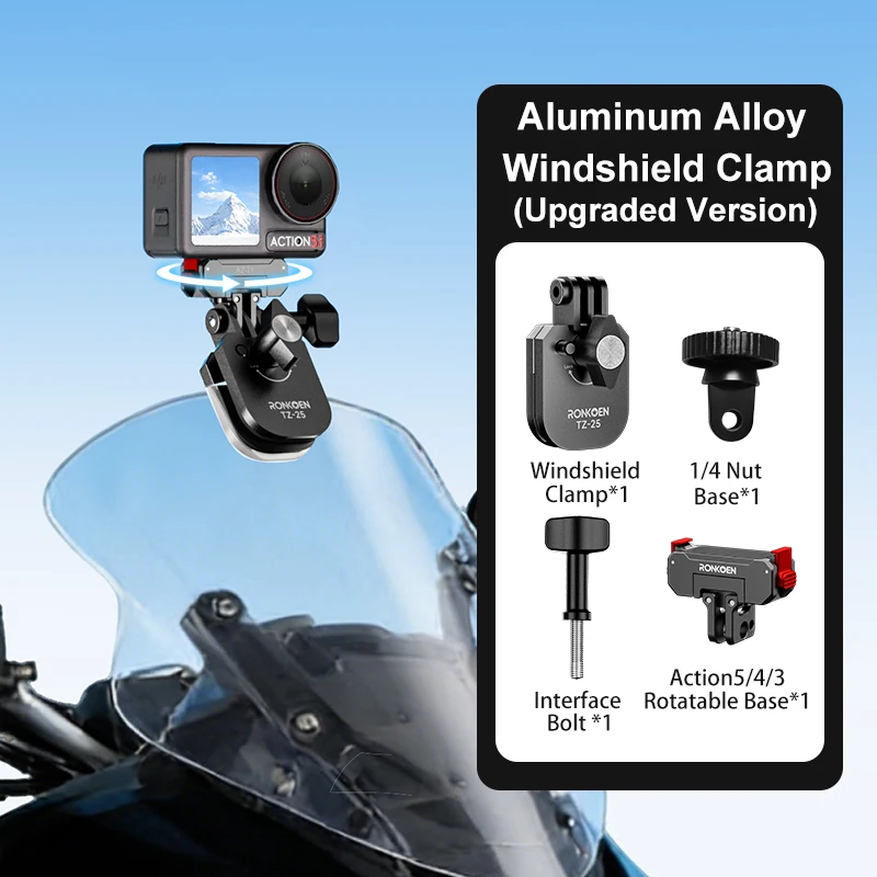 Ronkoen TZ-25 Motorrad-Windschutzscheiben-Klemmhalterung aus Aluminiumlegierung für Insta360 X4 Ace Pro 2 / DJI Action 5 Pro Action-Kamera