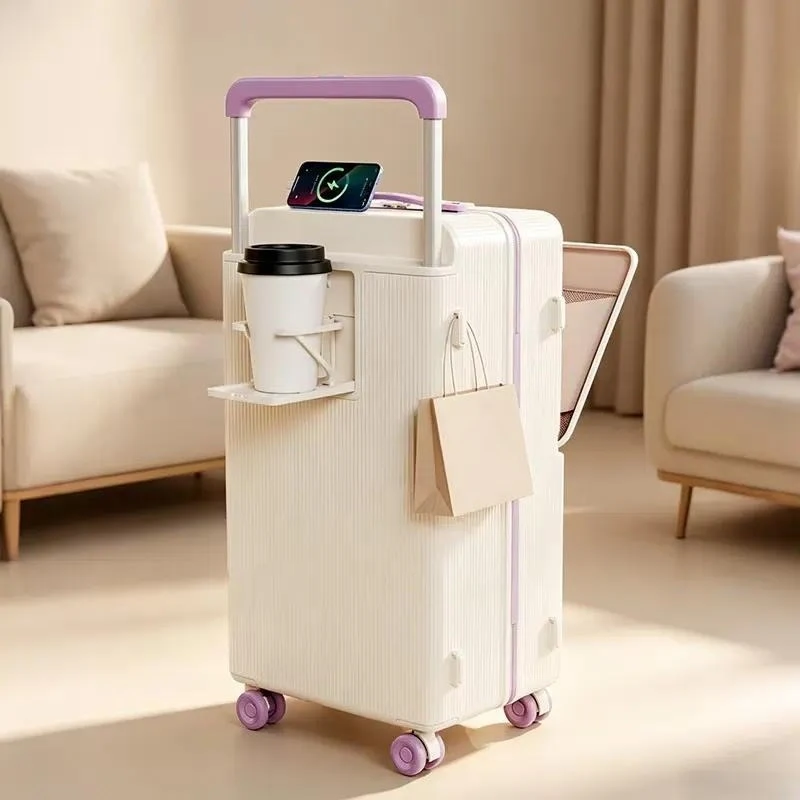 Hard Shell Luggage with Universal Wheels TSA Lock USB Port Cup Holder Phone Stand Open Top Design Travel Suitcase