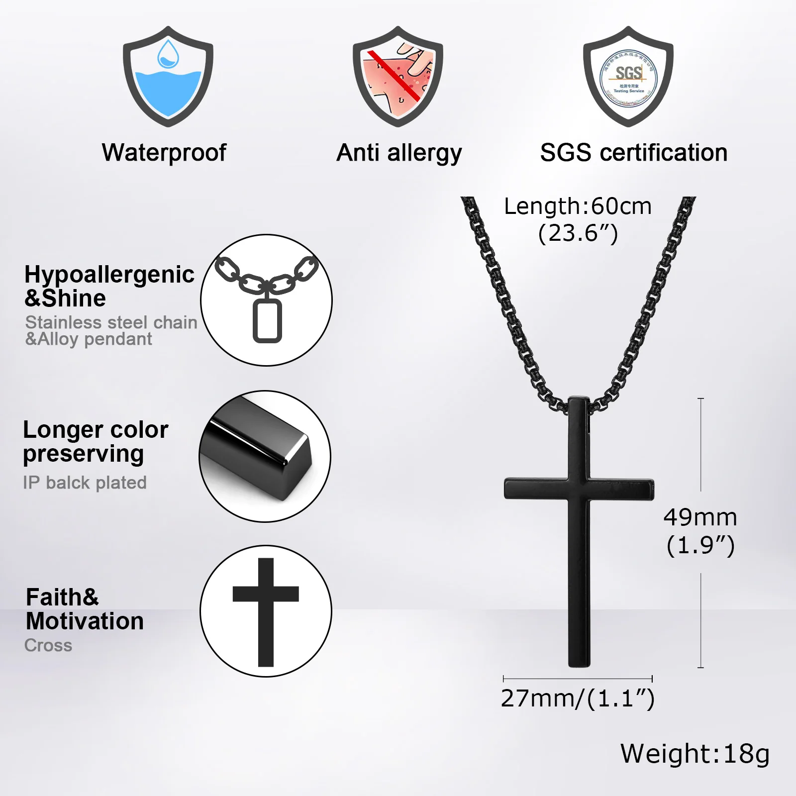 Vnox Unisex Plain Cross Necklaces, Men Women Stainless Steel Religious Faith Cross Pendant Necklace,Simple Cross with Box Chain