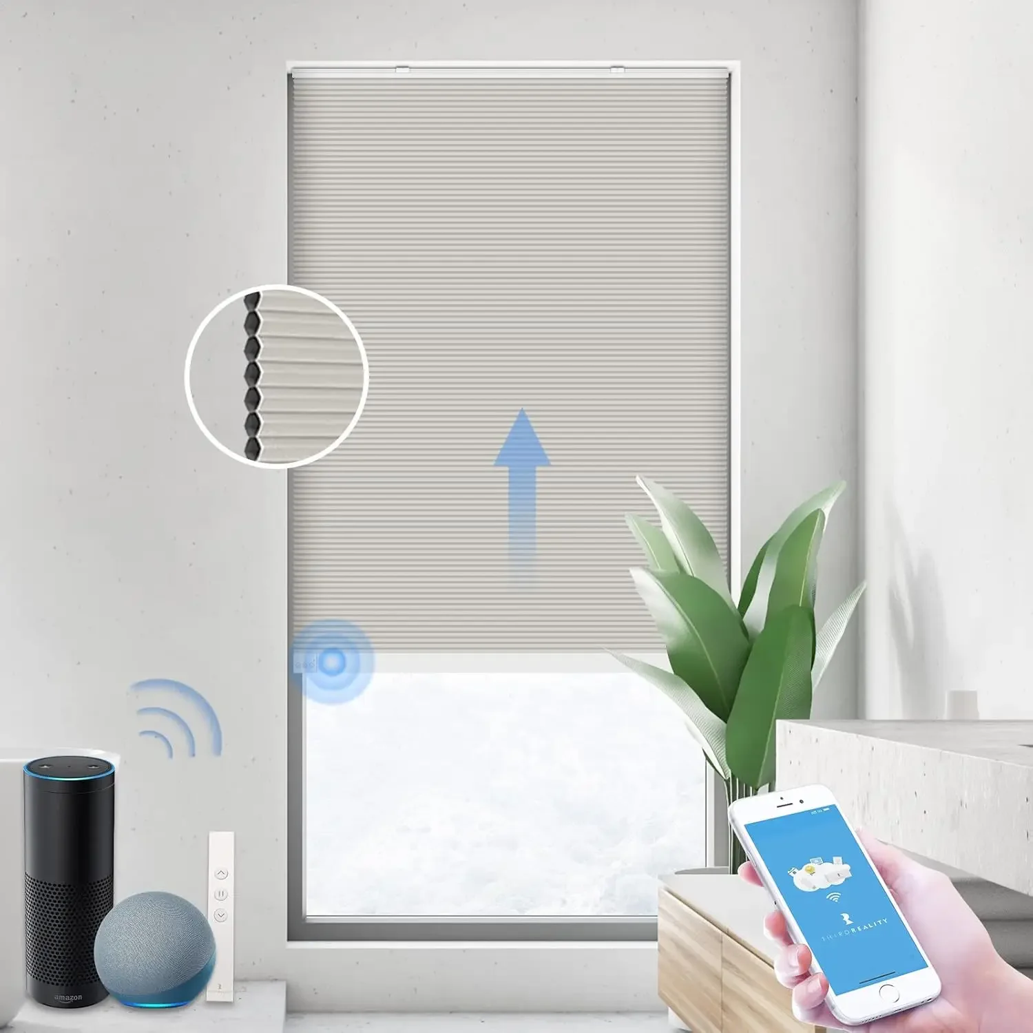 Smart Blind, Motorized Blackout Window Shades with Remote, Cordless Honeycomb Blinds