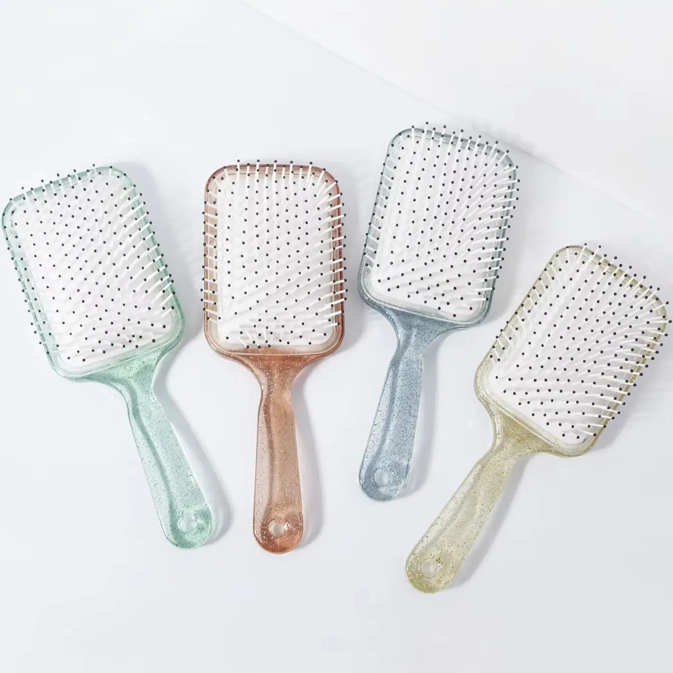 Glitter Transparent Paddle Air Cushion Hair Brush, Metal Pin Round Tip Massage Hairbrush, Anti‑Static Detangling Comb for Thick