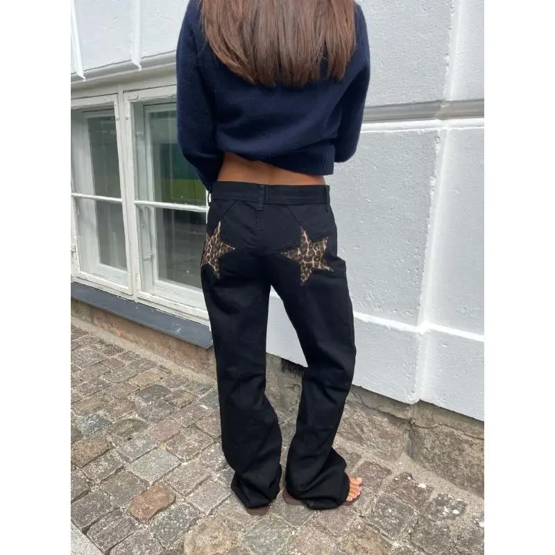 Women Star Patchwork Flare Jeans High Waist  Vintage Bootcut Denim Pants Streetwear Bell Bottom Trousers