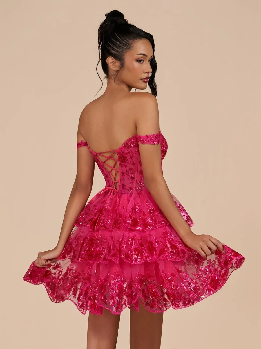 Vestido corto rojo personalizado, diseño de un solo hombro, decoración de encaje con lentejuelas, diseño de correa trasera, elegante y juguetón para ocasiones de fiesta