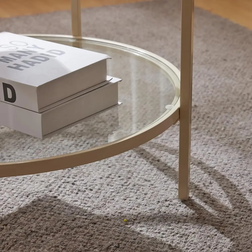 Glass Coffee Table, 25.6"" Round Coffee Table, Transparent Glass Coffee Tables For Living Room, 2-Tier Coffee Table With