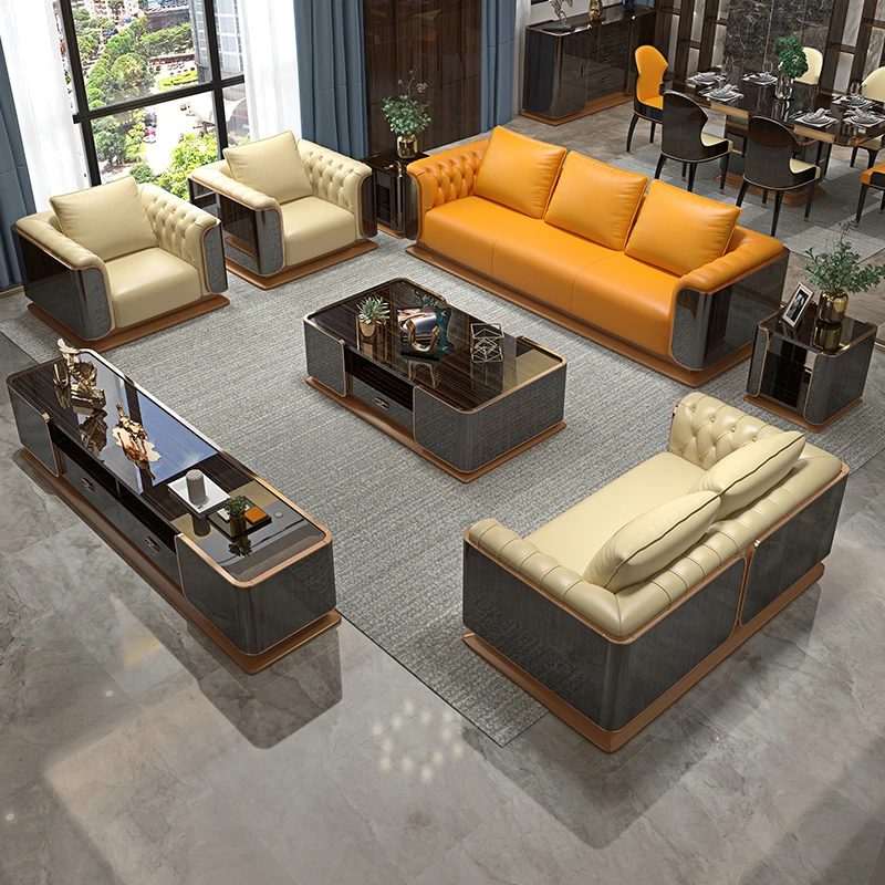 

Customizable light luxury leather sofa large flat mansion villa living room furniture first layer cowhide