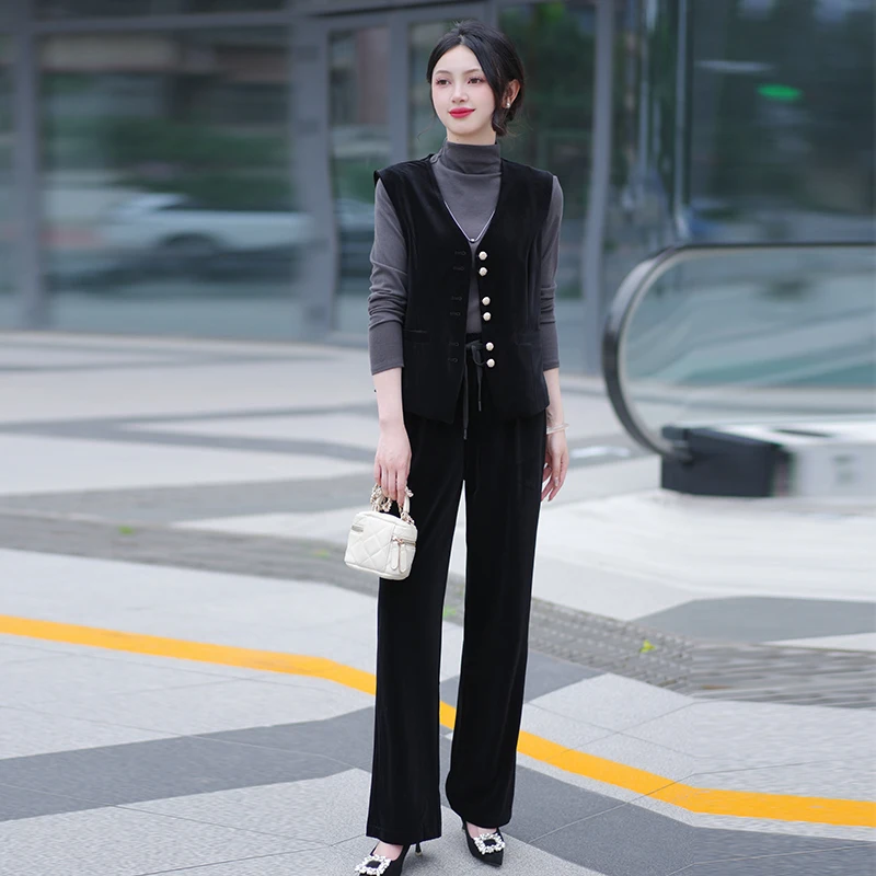 

Faionable Two-Piece Set Gold Velvet Vest And Straight Leg Pants Women's Commute Sle V-Ne Single Button Pure Color
