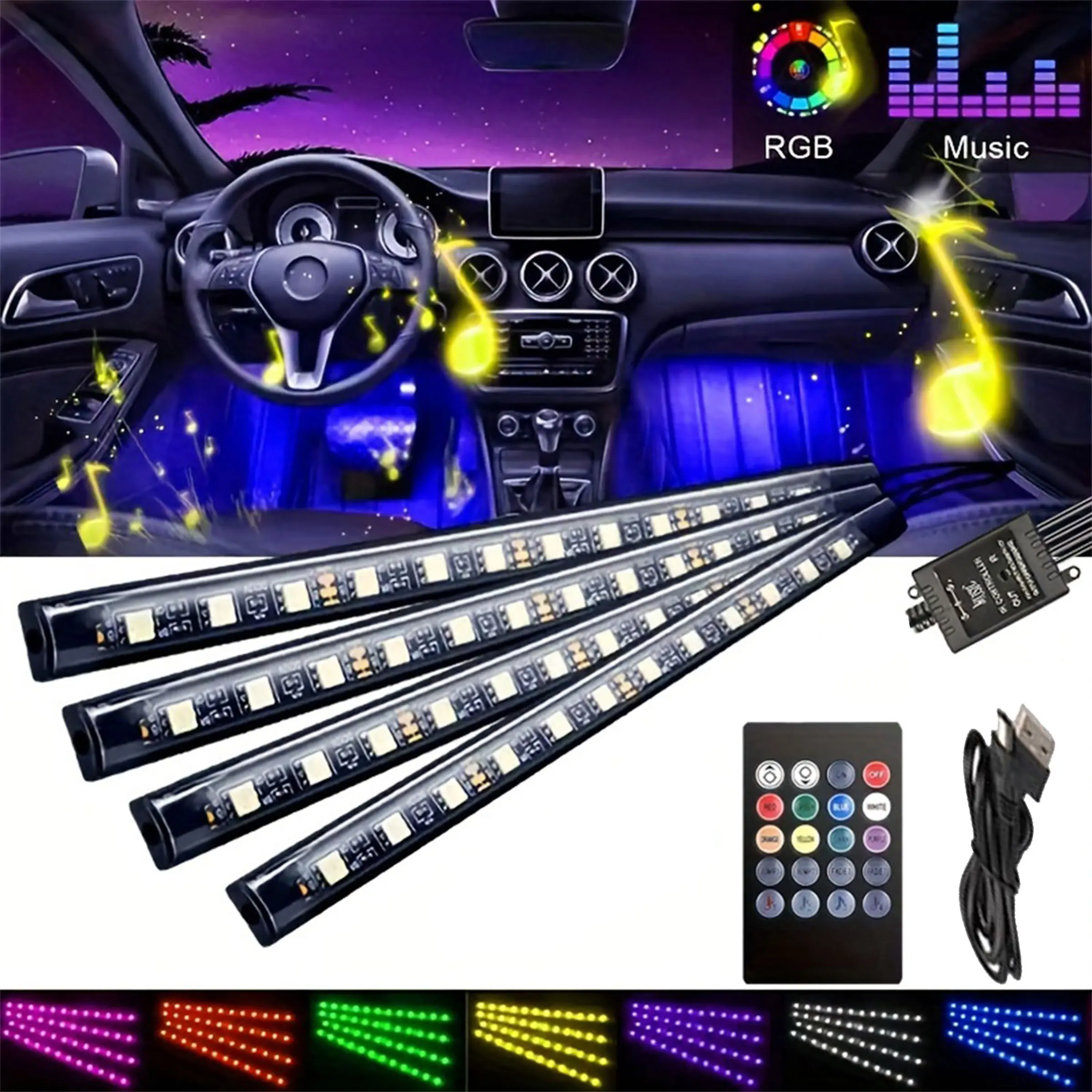 

Комплект из 4 светодиодных внутренних освещения автомобиля: цветное окружающее освещение с питанием от USB и синхронизацией музыки — идеально подходит для вечеринок и фестивалей, Sui