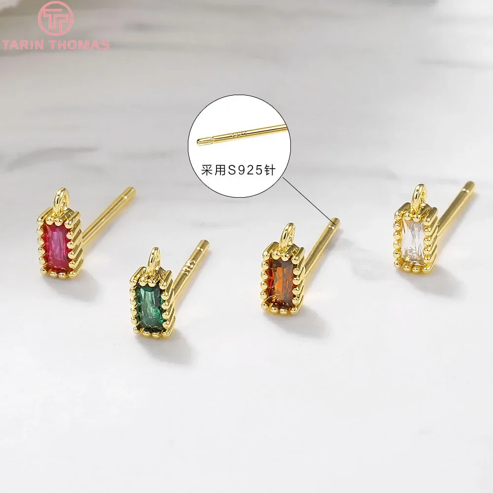 (2279)6 Uds. Pendientes de tuerca de forma rectangular de circón de latón de Color dorado de 24K de 3x7MM accesorios de joyería Diy de alta calidad