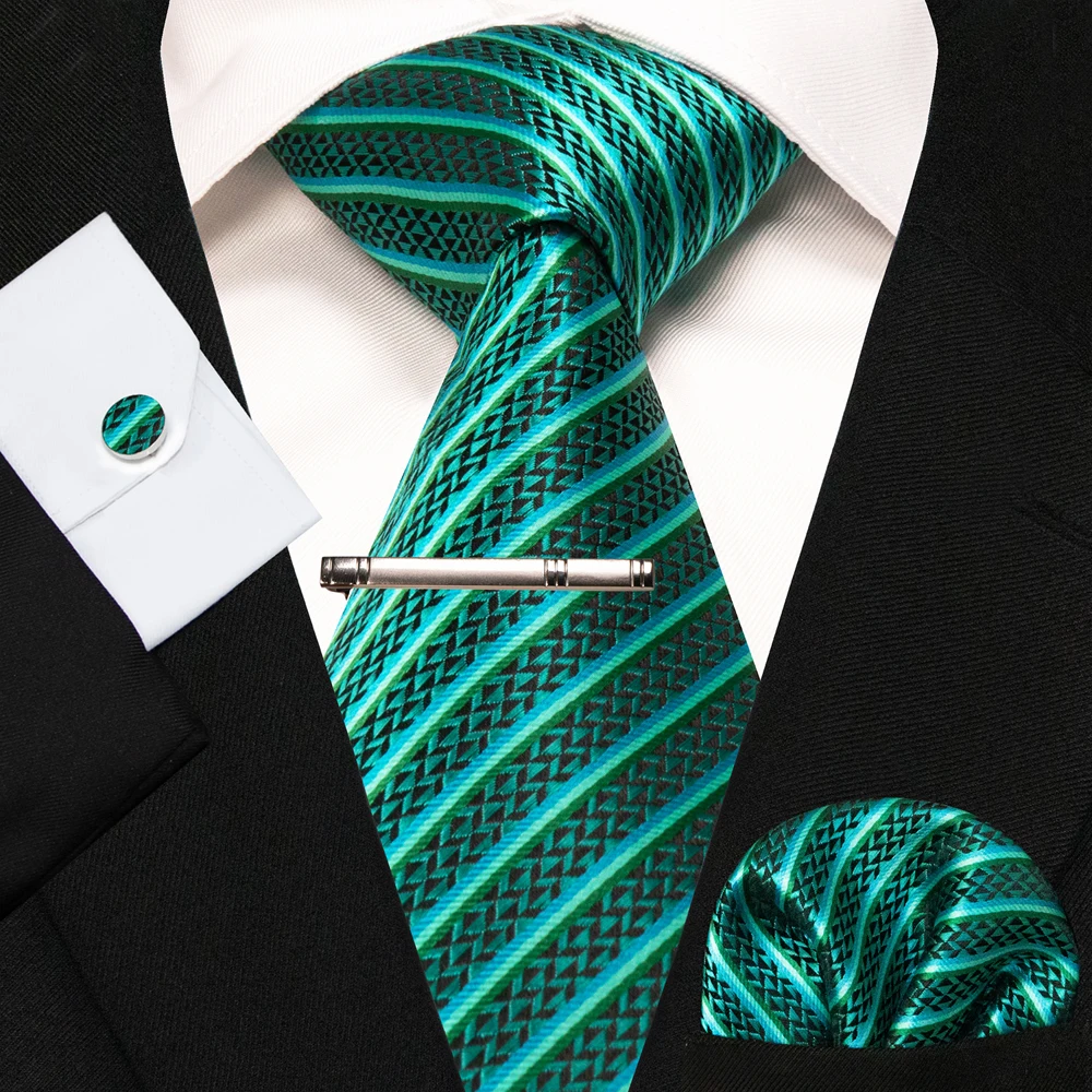 8cm Seidenkrawatten für Herren, grün-schwarze Krawatten, kariert, gestreift, Krawatten-Set mit Einstecktuch, Manschettenknöpfen und Krawattenklammern, für Hochzeit, Business, Party. – Detail 13