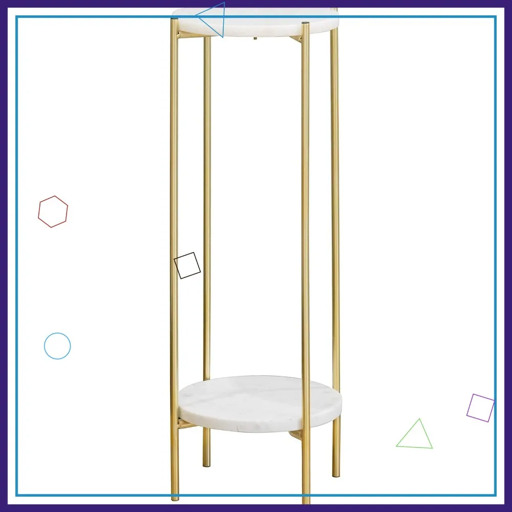 

Gold Plant Stand Indoor Tall - 2 Tier White Marble Top Side Table, Modern Round Metal End Table for Living Room Corner & Bedroom