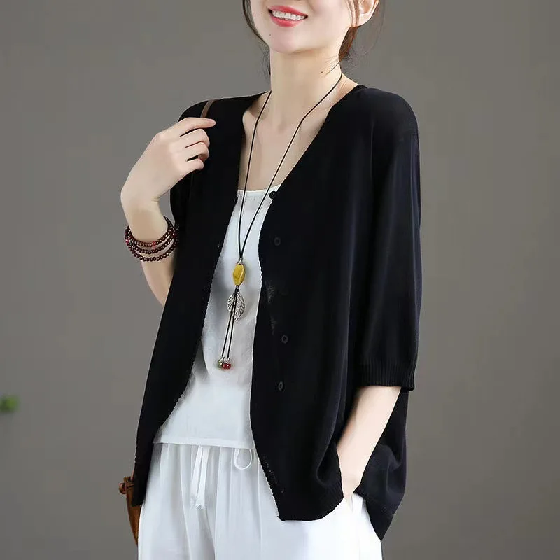 Ice Silk New Mid sleeved Knitted Cardigan Sun Protection Clothing for Women Loose and Versatile Literary Korean Edition Slimming