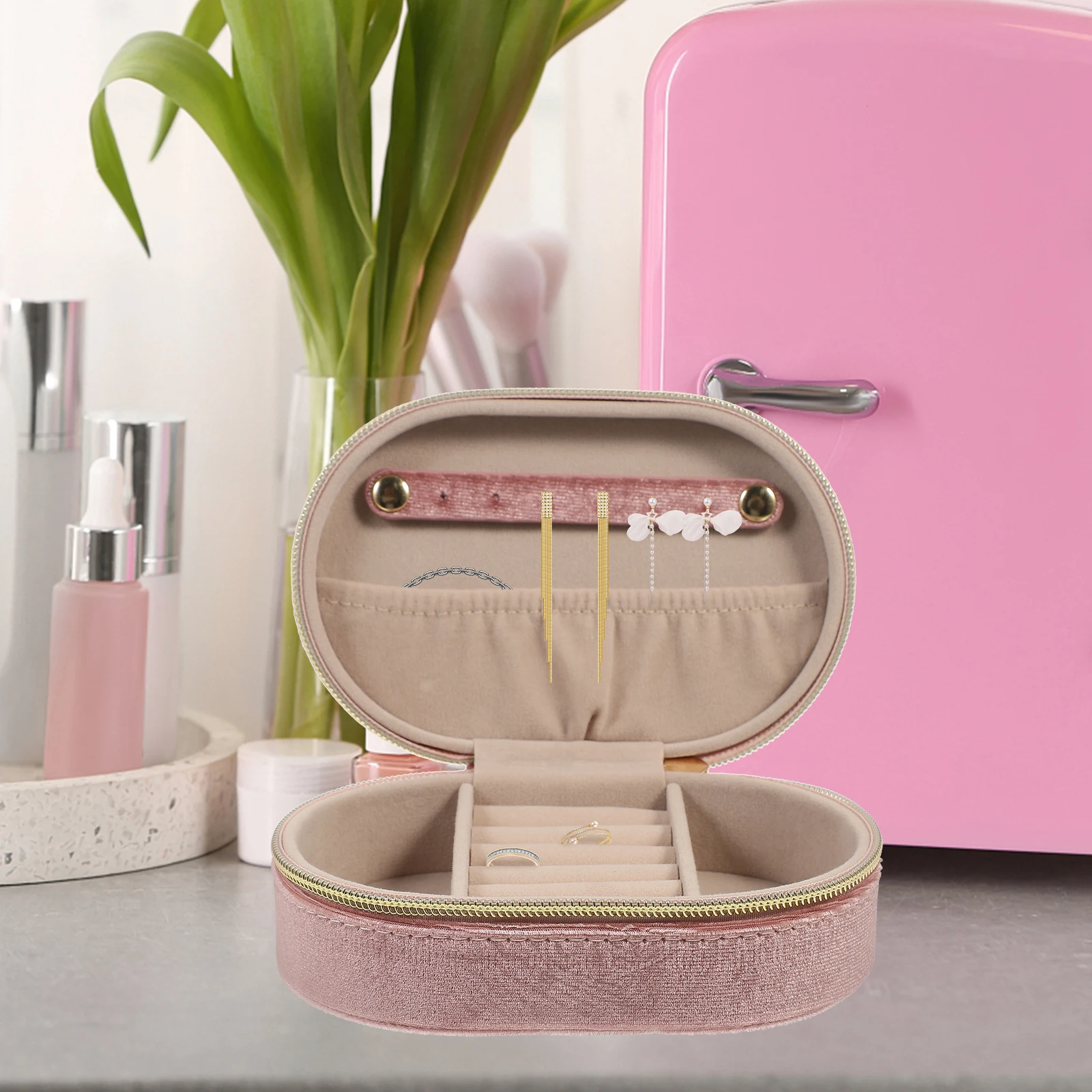 

Soft Travel Organizer Sponge Liner Lightweight Portable Storage Case For Earrings Necklaces Rings With Mirror Gift Women Family