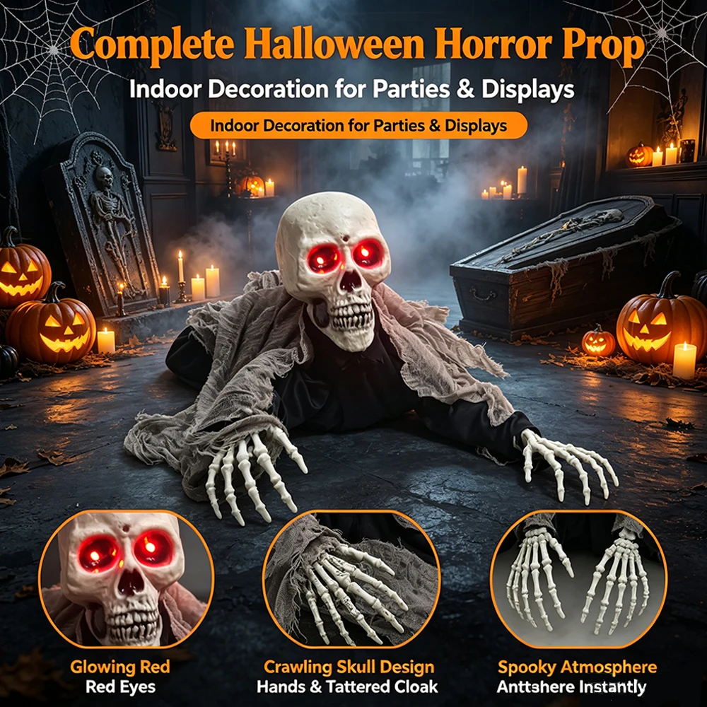 Halloween Animated Crawling Skeleton Decoration, Electric Moving Ground Skull Prop with Glowing Red Eyes, Creepy Haunted House